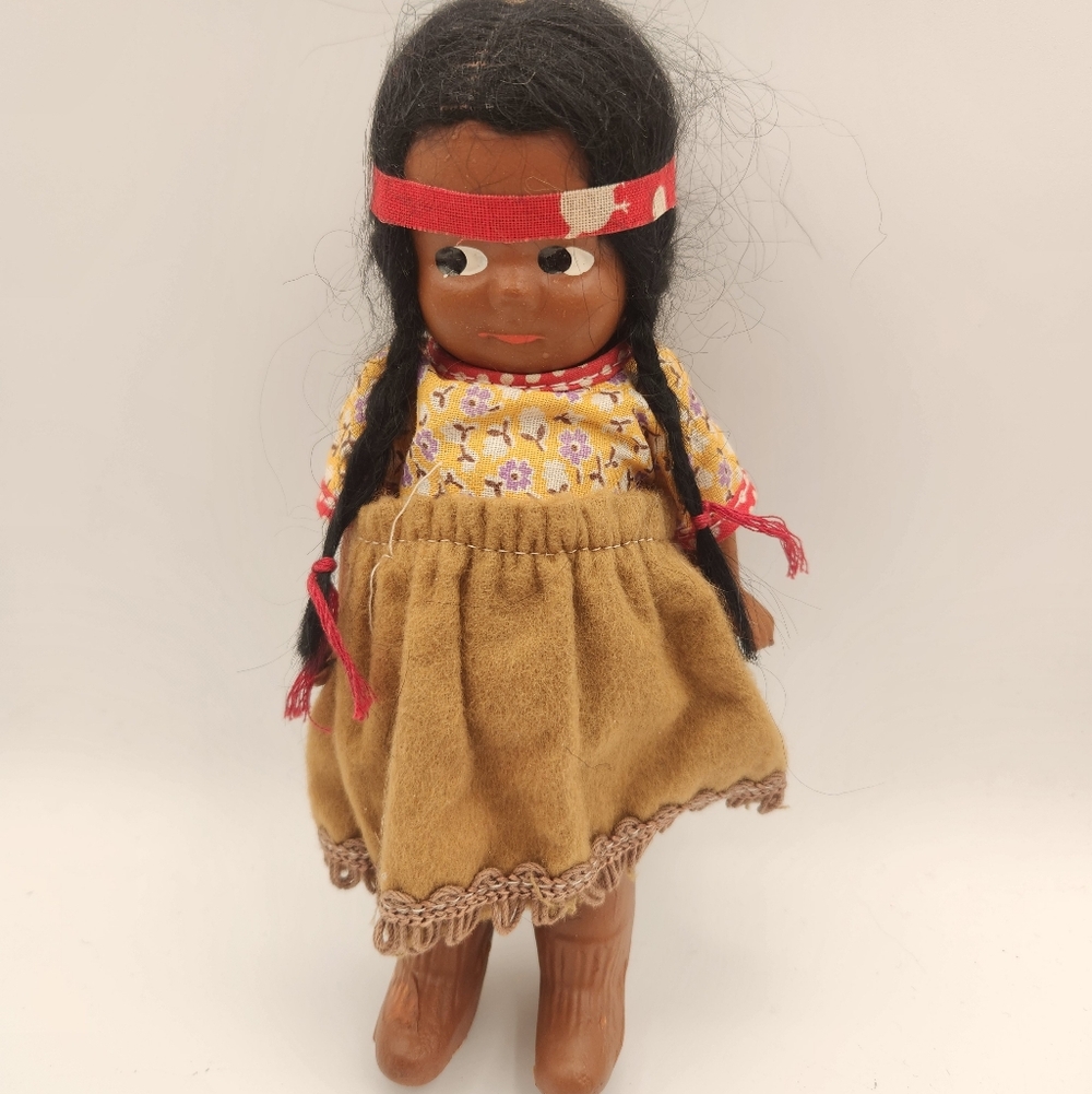 Charming Native American Skookum Doll with Yellow and Brown Outfit 1940s